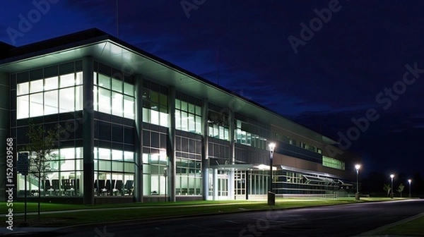 Fototapeta Modern business center at night illuminated by vibrant neon lights and glowing windows, showcasing sleek architectural designs and a bustling urban atmosphere. The tall skyscrapers stand out against t