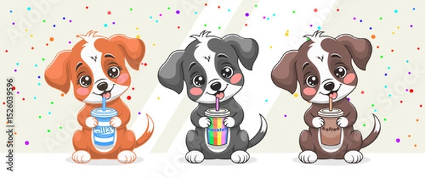 Fototapeta Vector set of cute cartoon friendly funny little puppies sitting and drinking from cups with straws, milk, cocktail and coffee. Cuddly pets. Toon adorable doggies. Collection of nice dogs