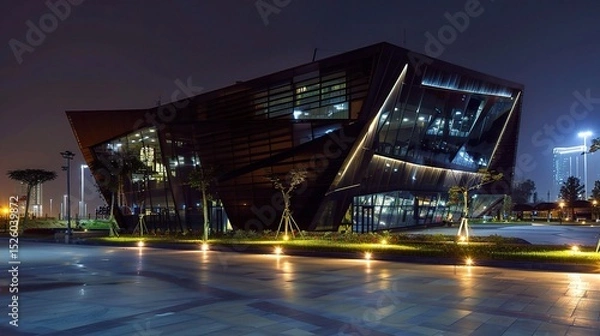 Fototapeta Modern business center at night illuminated by vibrant neon lights and glowing windows, showcasing sleek architectural designs and a bustling urban atmosphere. The tall skyscrapers stand out against t