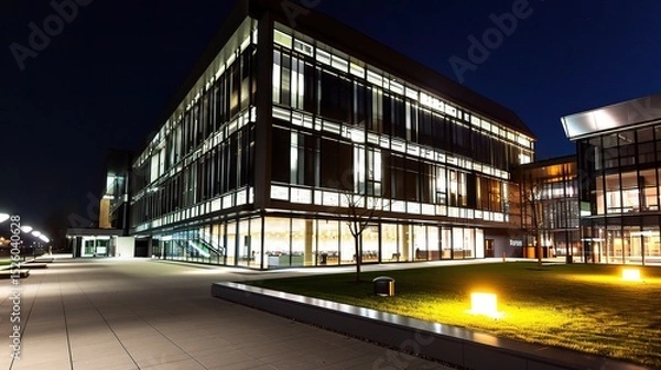 Fototapeta Modern business center at night illuminated by vibrant neon lights and glowing windows, showcasing sleek architectural designs and a bustling urban atmosphere. The tall skyscrapers stand out against t
