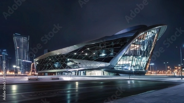 Fototapeta Modern business center at night illuminated by vibrant neon lights and glowing windows, showcasing sleek architectural designs and a bustling urban atmosphere. The tall skyscrapers stand out against t