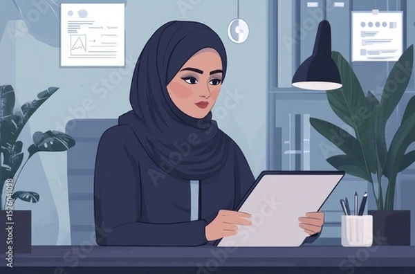 Obraz Vector graphic showing Arab woman in hijab analyzing data