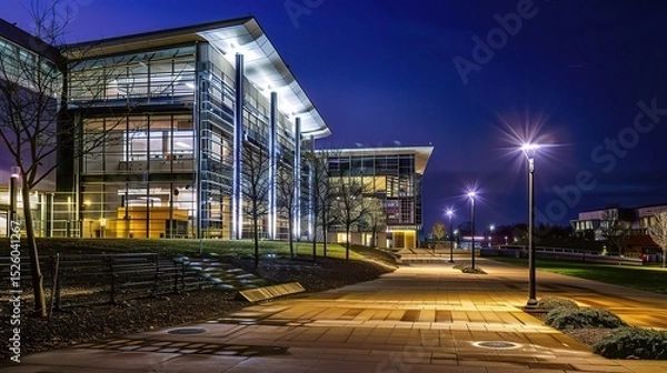 Fototapeta Modern business center at night illuminated by vibrant neon lights and glowing windows, showcasing sleek architectural designs and a bustling urban atmosphere. The tall skyscrapers stand out against t