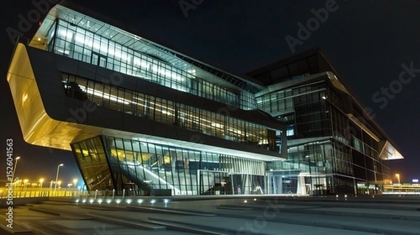 Fototapeta Modern business center at night illuminated by vibrant neon lights and glowing windows, showcasing sleek architectural designs and a bustling urban atmosphere. The tall skyscrapers stand out against t