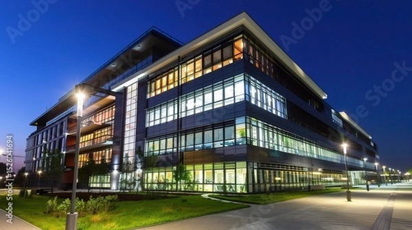 Fototapeta Modern business center at night illuminated by vibrant neon lights and glowing windows, showcasing sleek architectural designs and a bustling urban atmosphere. The tall skyscrapers stand out against t