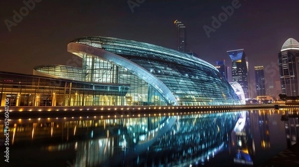 Fototapeta Modern business center at night illuminated by vibrant neon lights and glowing windows, showcasing sleek architectural designs and a bustling urban atmosphere. The tall skyscrapers stand out against t