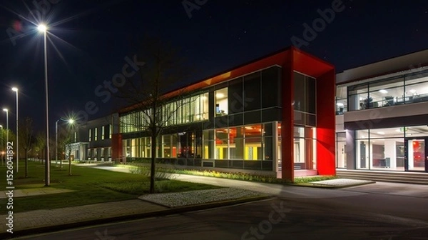 Fototapeta Modern business center at night illuminated by vibrant neon lights and glowing windows, showcasing sleek architectural designs and a bustling urban atmosphere. The tall skyscrapers stand out against t