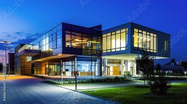 Fototapeta Modern business center at night illuminated by vibrant neon lights and glowing windows, showcasing sleek architectural designs and a bustling urban atmosphere. The tall skyscrapers stand out against t