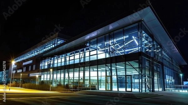Fototapeta Modern business center at night illuminated by vibrant neon lights and glowing windows, showcasing sleek architectural designs and a bustling urban atmosphere. The tall skyscrapers stand out against t