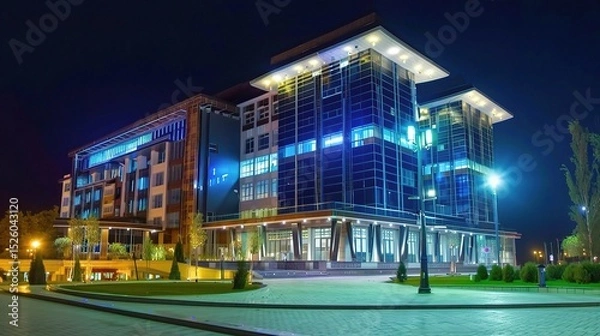 Fototapeta Modern business center at night illuminated by vibrant neon lights and glowing windows, showcasing sleek architectural designs and a bustling urban atmosphere. The tall skyscrapers stand out against t