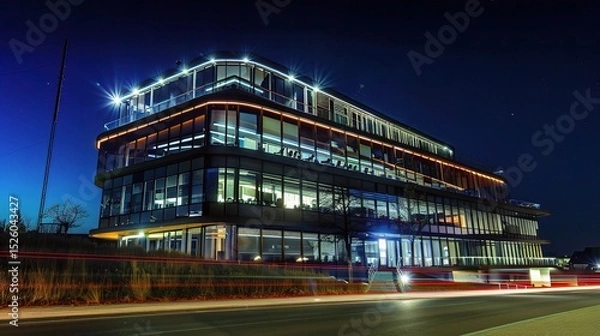 Fototapeta Modern business center at night illuminated by vibrant neon lights and glowing windows, showcasing sleek architectural designs and a bustling urban atmosphere. The tall skyscrapers stand out against t