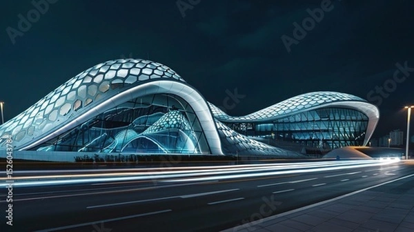 Fototapeta Modern business center at night illuminated by vibrant neon lights and glowing windows, showcasing sleek architectural designs and a bustling urban atmosphere. The tall skyscrapers stand out against t