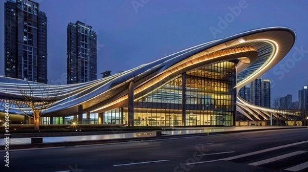Fototapeta Modern business center at night illuminated by vibrant neon lights and glowing windows, showcasing sleek architectural designs and a bustling urban atmosphere. The tall skyscrapers stand out against t
