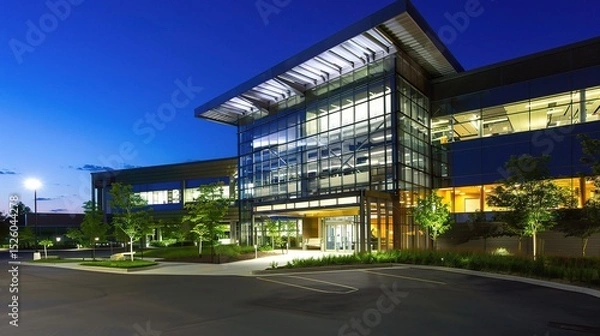 Fototapeta Modern business center at night illuminated by vibrant neon lights and glowing windows, showcasing sleek architectural designs and a bustling urban atmosphere. The tall skyscrapers stand out against t