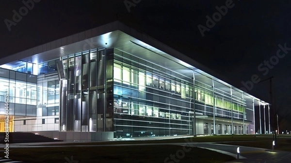 Fototapeta Modern business center at night illuminated by vibrant neon lights and glowing windows, showcasing sleek architectural designs and a bustling urban atmosphere. The tall skyscrapers stand out against t