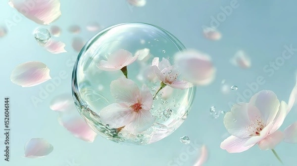 Fototapeta Transparent water bubble encapsulating pink cherry blossom petals, delicate droplets suspended, creating ethereal botanical landscape with soft, dreamlike visual composition