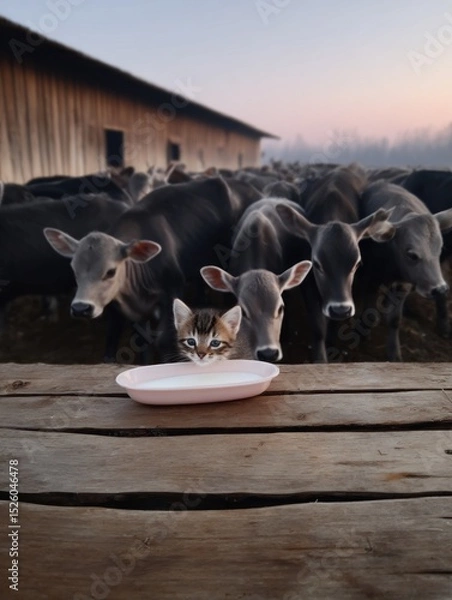 Fototapeta Kitten and cows by a wooden table
