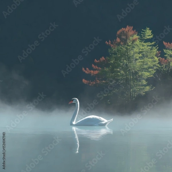 Fototapeta Misty lake scene with swan (1)