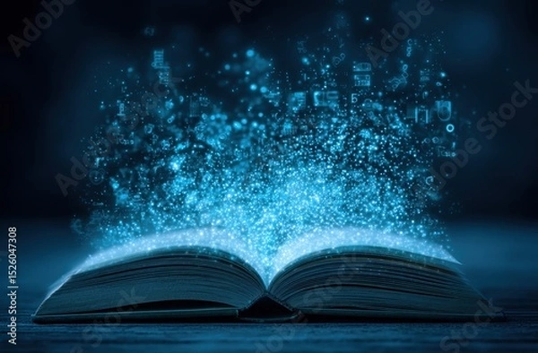 Fototapeta Open book with glowing letters and light