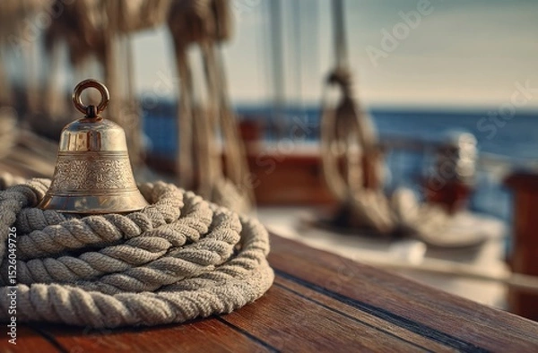 Fototapeta Ship bell on rope on wooden surface