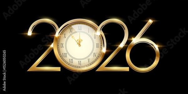 Fototapeta 2026 Happy New Year greeting card vector illustration. Festive Christmas social media banner. 2026 clock countdown background with golden numbers and clock on black backdrop.