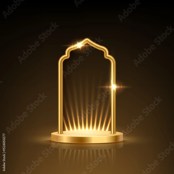 Fototapeta Golden podium with Islamic arch on black background. 3d empty gold award platform with glowing Muslim frame and glowing light rays. Abstract vector illustration.