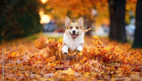 Fototapeta Adorable Corgi Playing in an Autumn Park, Leaping through Maple Leaves Pile Amidst Fall Colors, Capturing Joyful Energy and Warmth.
