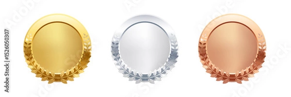 Fototapeta Gold, silver, bronze circle medals. Metal coins. First, second, third place award frames isolated on white background. Winners trophy. Blank shiny badge, label. Realistic vector illustration.