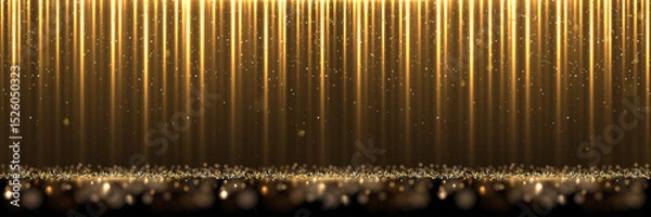 Fototapeta Golden silk fabric luxury background. Gold vertical draped satin cloth texture curtain on glitter confetti floor. Smooth shiny drape material curtain. Realistic modern vector banner.
