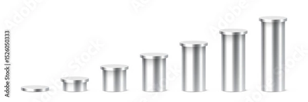 Fototapeta Silver metallic cylindrical podiums in ascending height. Minimalist 3D columns for ranking, data visualization, infographics, or product display. Realistic vector illustration.