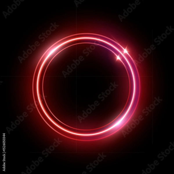 Fototapeta Neon red round frame. Abstract colorful glow light circle. Laser bright round shape. Futuristic illuminated button. Geometric graphic vector illustration isolated on black background.