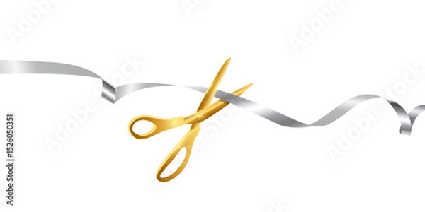 Fototapeta Grand opening ceremony. Golden scissors cutting silver ribbon isolated on white background. Luxury event announcement, stage celebration, or business launch. Realistic vector illustration.