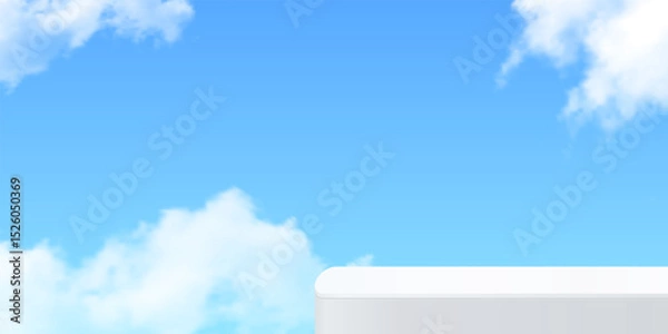 Fototapeta White minimal podium with rounded edges isolated on bright blue sky and soft clouds. Clean display pedestal for product presentation or advertisement. Abstract vector illustration.