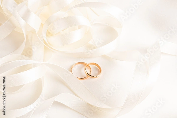 Obraz Two gold classic wedding rings lie among beautiful twisted beige ribbons on a satin background. A copy of the space. Chic wedding design layout.
