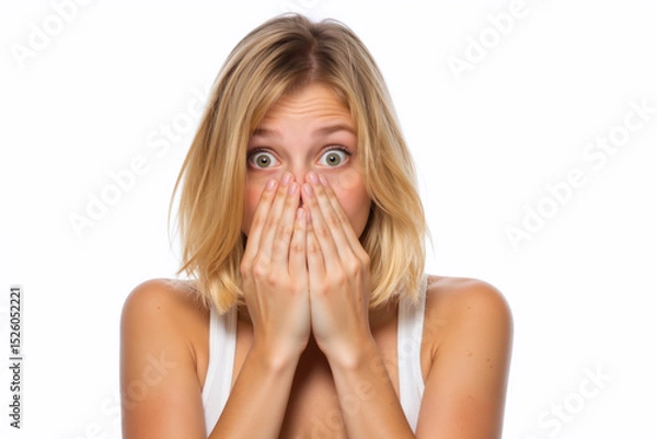 Obraz Blonde woman with wide eyes and hands covering her mouth, looking shocked or surprised, wearing white top.