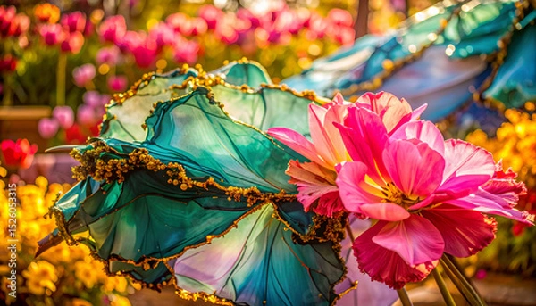 Obraz Colorful flowers and decorative umbrellas in a vibrant garden setting.