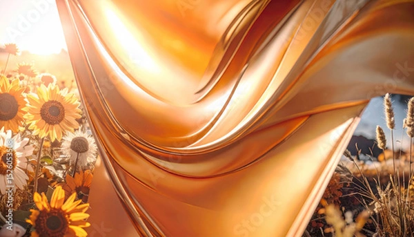 Obraz A flowing golden fabric amidst sunflowers in a serene landscape.
