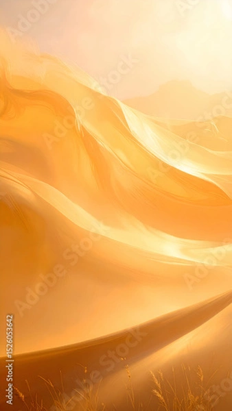 Obraz A serene desert landscape with flowing sand dunes illuminated by warm sunlight.