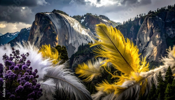 Obraz A stunning landscape featuring dramatic mountains and vibrant feathers.