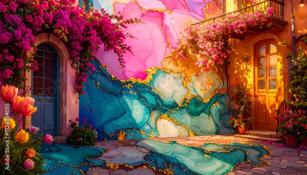 Obraz A vibrant courtyard adorned with colorful flowers and a stunning mural.