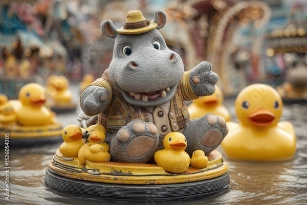 Fototapeta A cool rhino in demolition derby gear crashing a bumper car into a stack of rubber ducks, chaotic funfair background.