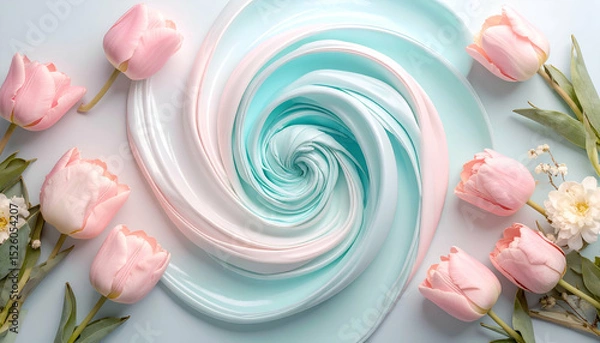 Obraz A swirl of pastel colors surrounded by pink tulips, creating a serene aesthetic.