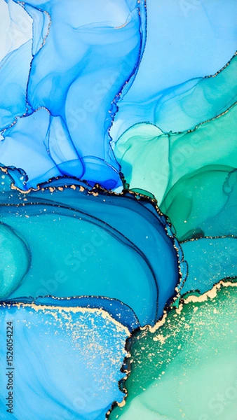 Obraz Abstract fluid art with blue and green hues accented by gold details.