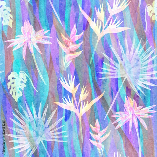 Fototapeta Translucent jungle flowers seamless pattern  on abstract watercolor background