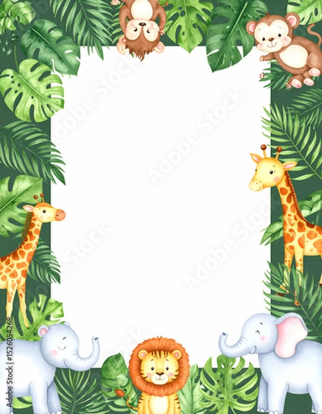 Obraz A colorful jungle-themed frame featuring cute animals and tropical leaves.