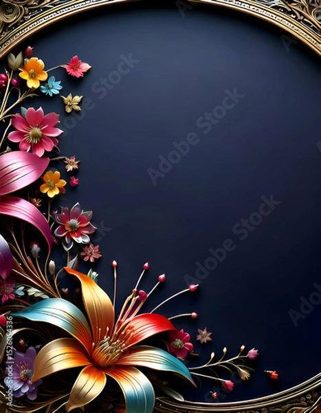 Obraz A decorative frame featuring vibrant flowers and intricate designs on a dark background.