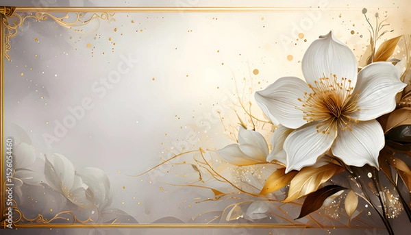 Obraz Elegant floral design featuring white flowers and golden accents on a soft background.