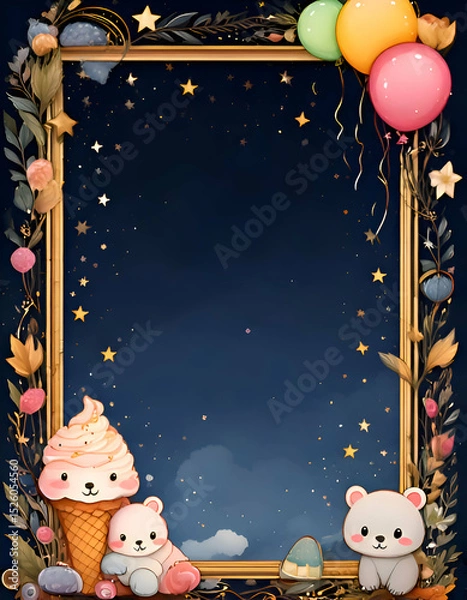 Obraz Cute illustration featuring ice cream, adorable bears, and colorful balloons in a starry frame.