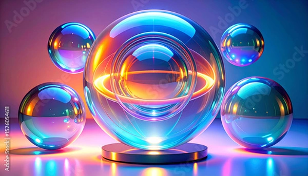 Obraz A set of colorful, translucent spheres with a glowing core on a reflective surface.