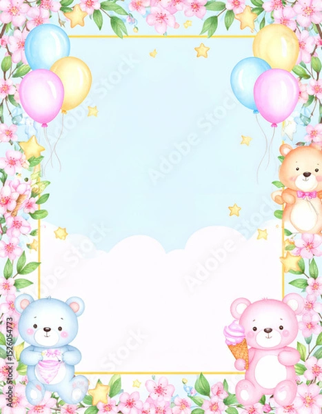 Obraz Cute bear-themed border with balloons and flowers for invitations or stationery.